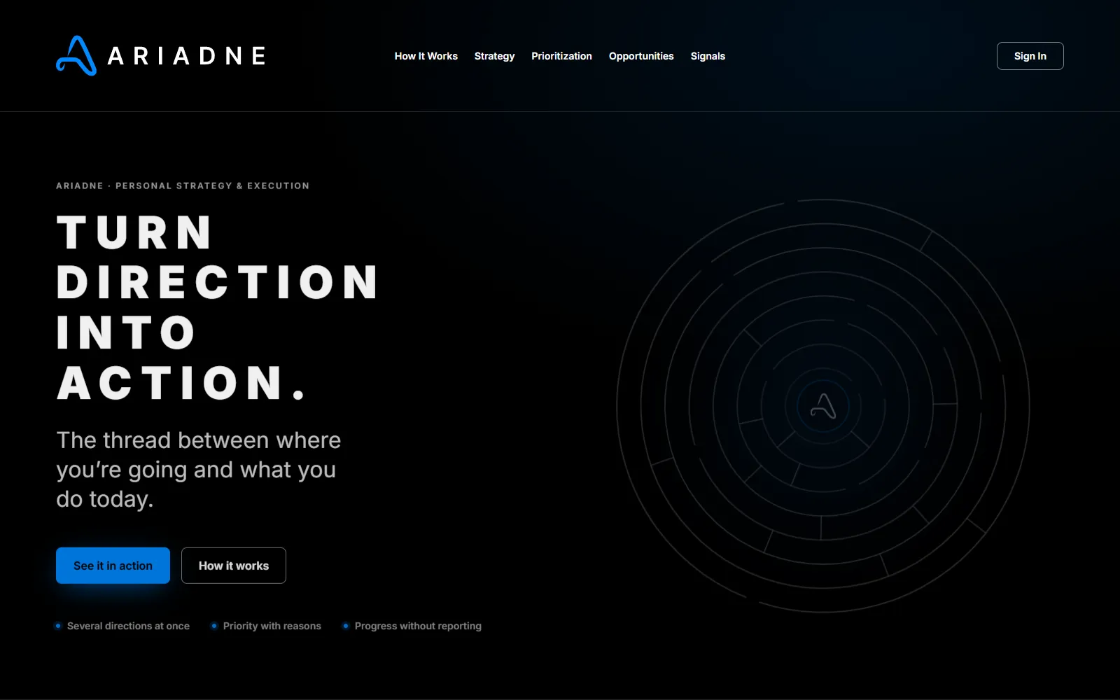 Ariadne landing page reading “Turn direction into action”