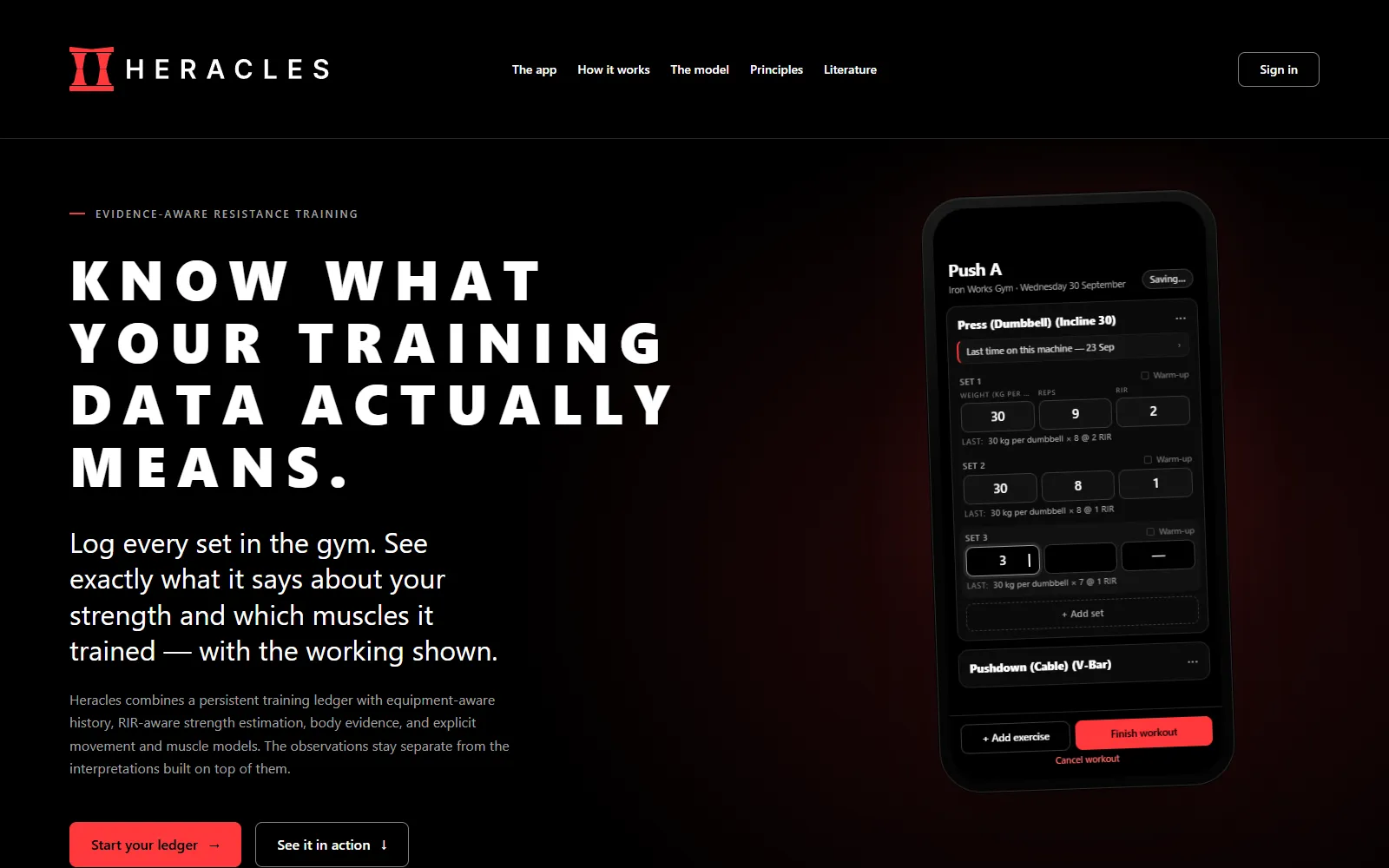 Heracles landing page with a phone mock-up of a live workout