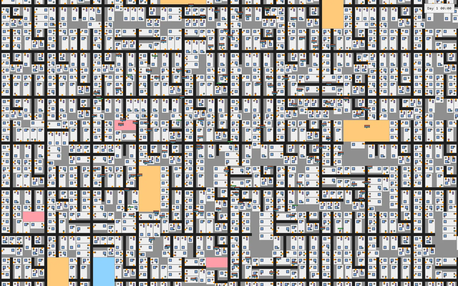 Top-down procedurally generated hotel floor plan with corridors and rooms